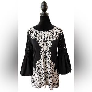 Alfani: Black and White Crochet Lace Bell Sleeves Blouse